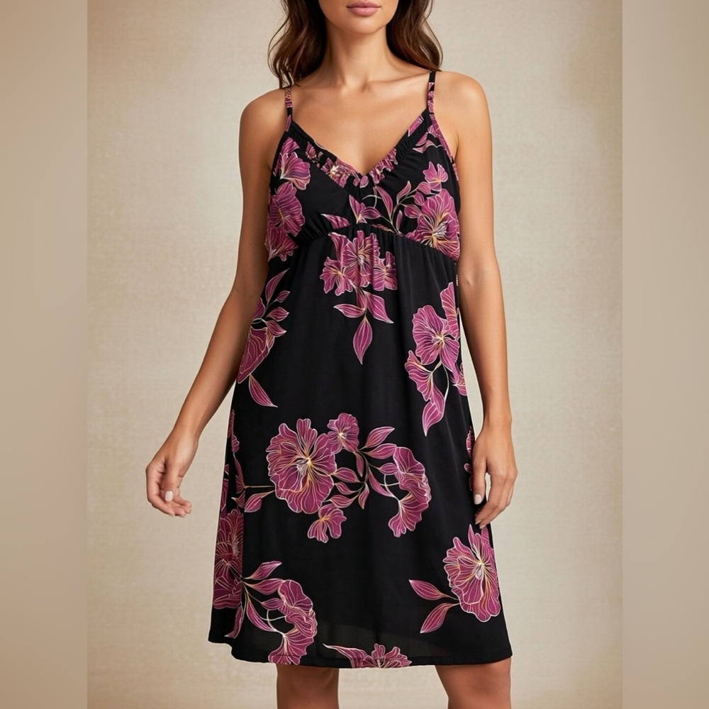 Soma Cool Nights Black Pink Floral Chemise Sexy Sleep Dress Slip NWT Large